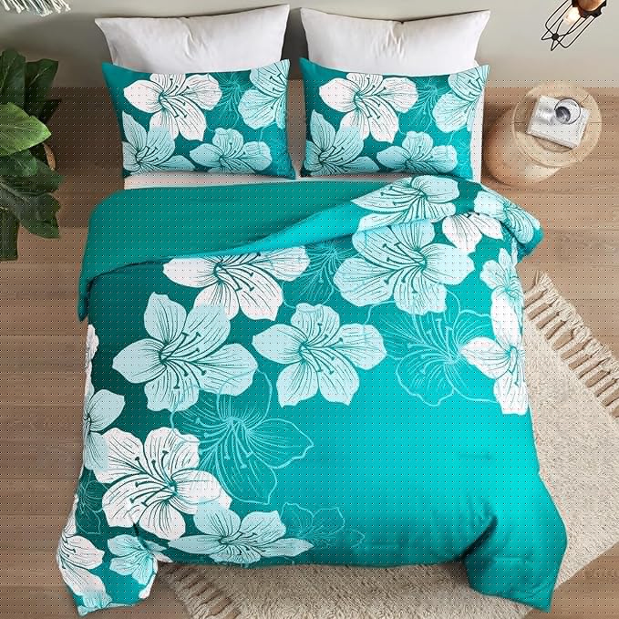 Menghomeus Full Comforter Set Gradient Teal Bedding Floral Comforter Sets - Soft Microfiber Bed Comforter Set for All Season, 3 Piece Botanical Flowers Comforter, Pillowcases