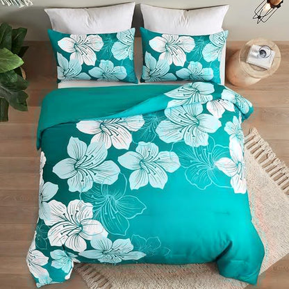 Menghomeus Full Comforter Set Gradient Teal Bedding Floral Comforter Sets - Soft Microfiber Bed Comforter Set for All Season, 3 Piece Botanical Flowers Comforter, Pillowcases