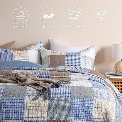 Secgo Queen Comforter Set for Bed - 100% Cotton Quilts Queen Size, Bule, Plaid Bedspreads (90 * 98 Inch) with 2 Pillow Shams, Patchwork Reversible Lightweight Bedding