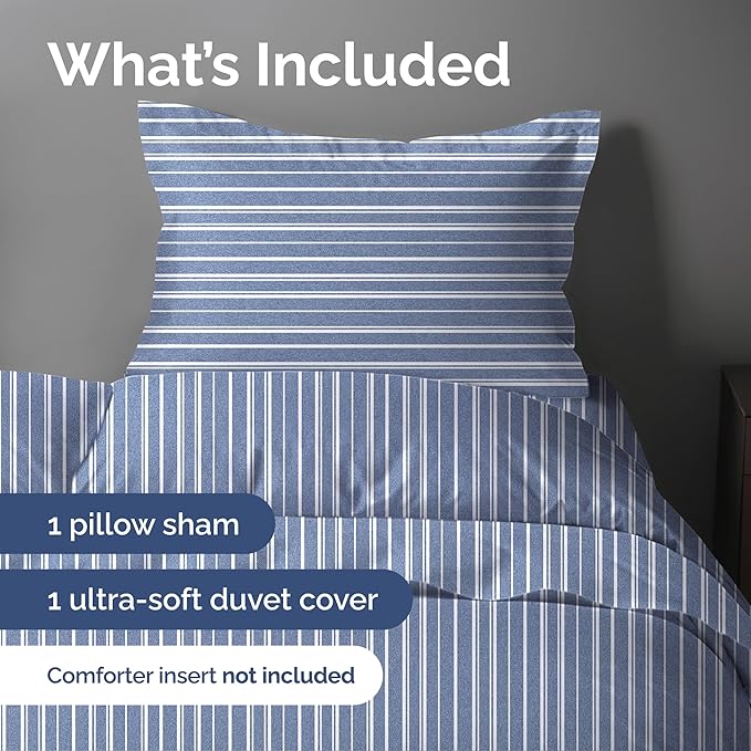 Duvet Cover Twin/Twin XL Size Set - Extra Soft Twin/Twin XL Duvet Cover 68" x 90" with 1 Pillow Sham - Hotel Luxury, Easy Care, Fade Free w/ Zipper Closures & Ties - Comfy & Breathable (Blue Stripes)