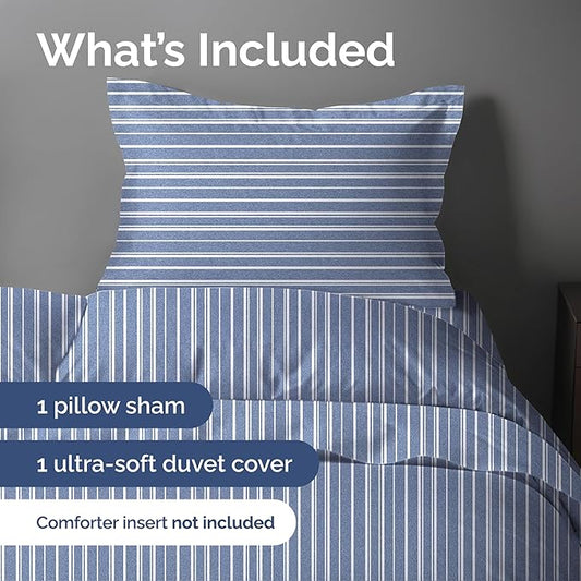 Duvet Cover Twin/Twin XL Size Set - Extra Soft Twin/Twin XL Duvet Cover 68" x 90" with 1 Pillow Sham - Hotel Luxury, Easy Care, Fade Free w/ Zipper Closures & Ties - Comfy & Breathable (Blue Stripes)