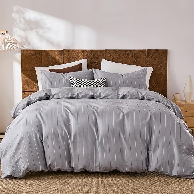 Merryword 100% Cotton Stripe Duvet Cover Set Queen Size - Gray Striped Duvet Cover Set with Zipper Closure & 8 Corner Ties, Modern Minimalist Wide Stripe Bedding Set for Cozy Elegant Bedroom