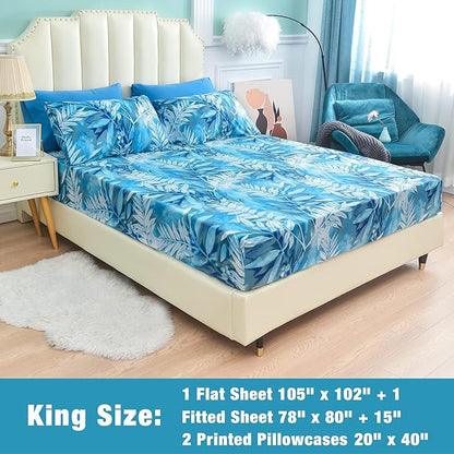 JSD Blue Tropical Leaves Print Sheet Set King, 4 Piece Soft Botanical Microfiber Bed Sheets Extra Deep Pocket
