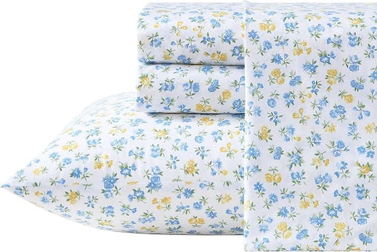 Laura Ashley - Twin Sheet Set, Crisp & Cool Cotton Percale Bedding for Year Round Comfort, Deep Pocket, Bed Sheets with Matching Pillowcase (Ditsy Doodle Blue)