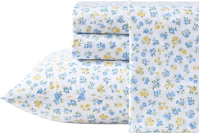 Laura Ashley - Full Sheet Set, Crisp & Cool Cotton Percale Bedding for Year Round Comfort, Deep Pocket, Bed Sheets with Matching Pillowcases (Ditsy Doodle Blue)