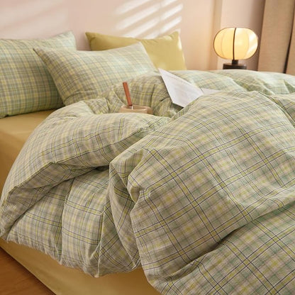EAVD Green Gingham Duvet Cover Queen Size Washed Cotton Bedding Set 3 Pieces Multicolor Grid Plaid Duvet Cover with 2 Pillowcases Modern Farmhouse Gingham Bedding Set with Zipper Closure