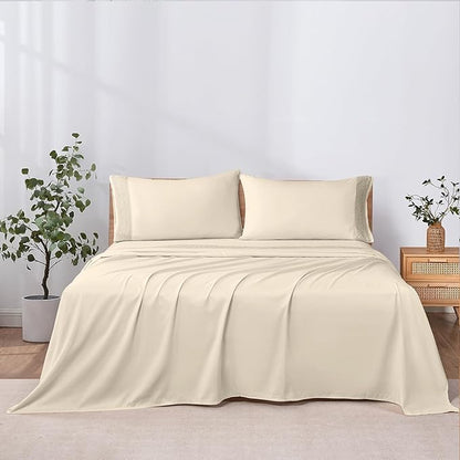 Modern Threads 4 Piece Microfiber Sheet Set – Soft Cooling Bed Sheets with Crochet Lace – Deep Pocket, Wrinkle Free, Breathable, Hotel Luxury Bedding, Beige, Queen