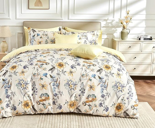 King Size Duvet Cover Set with Button Closure - Blue and Yellow Botanical Luxury Bedding for a Comfortable Sleeping