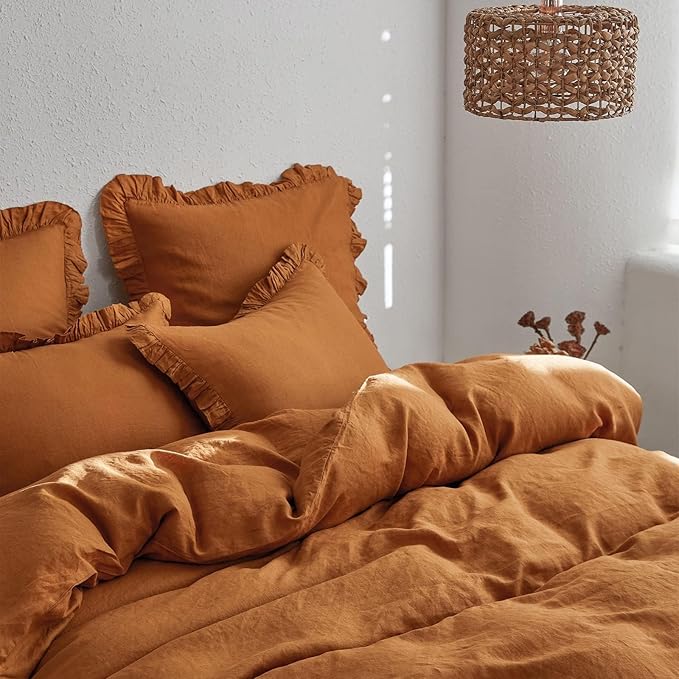 Simple&Opulence 100% Linen Euro Sham Covers with Ruffle, 26x26 Inch Pillow Covers Set of 2, Euro Pillow Shams for Bed Couch French Home Decor Luxury and Breathable Square Pillow Cases, Rust