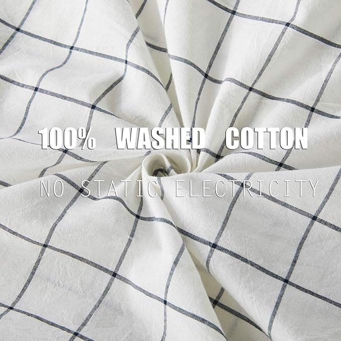 JELLYMONI Cotton Duvet Cover King Size - White Grid Plaid Comforter Cover with Button 100% Washed Cotton 3PCS Breathable Soft Bedding Set Duvet Cover 104×90in & 2 Pillowcases (NO Comforter)