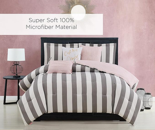 Juicy Couture Cabana Stripe Reversible Bedding Set - King Size - Grey and White Stripe Print – 6 Piece Set – Includes 1 104" x 90" Comforter, 3 Decorative Pillows, 2 Shams