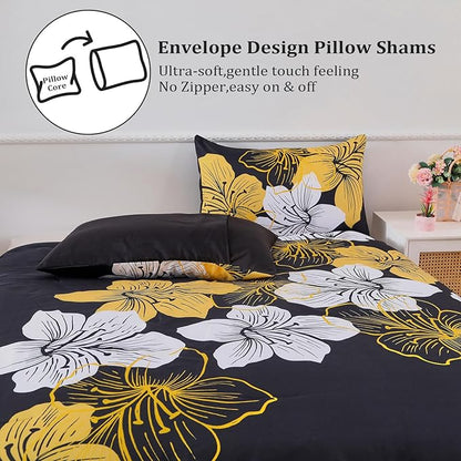 Menghomeus California King Comforter Set Black/Gold Floral Bedding Comforter Sets, Soft Microfiber Bed Set for All Season 3 Piece Botanical Flowers Comforter, Pillowcases