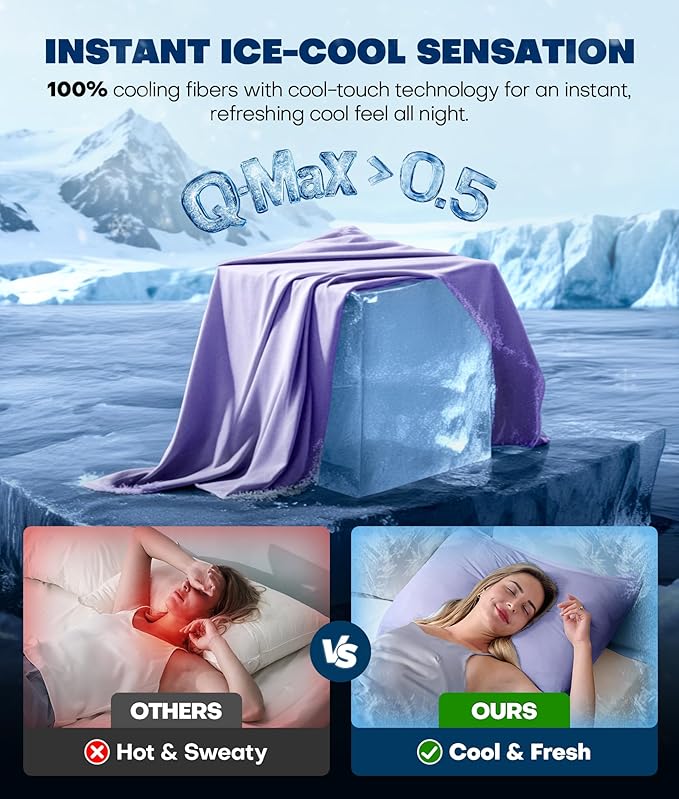 Ultra-Chill Cooling Pillowcase Set of 2 for Hot Sleepers, Softer Than Silk Pillow Cases for Protecting Hair & Skin, Breathable Bed Pillow Covers w/Zipper, Gifts for Women Men(Purple, King)