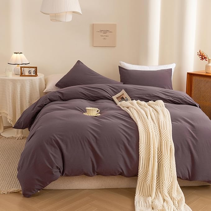 ECOCOTT Purple Duvet Cover California King Size - 100% Washed Cotton Durable Soft Comfy Duvet Cover Set, 3 Pieces Duvet Cover with Zipper Closure (Purple, 104''x98'')
