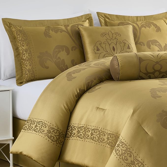 Chezmoi Collection 7-Piece Jacquard Floral Comforter Set (Queen, Gold)