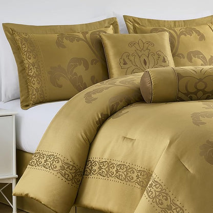 Chezmoi Collection 7-Piece Jacquard Floral Comforter Set (Queen, Gold)