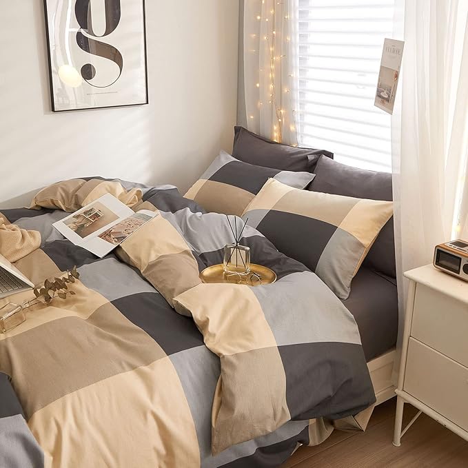 EAVD Vintage Style Brown&Black Buffalo Plaid Comforter Set Queen Boy Men Fluffy Retro Checkered Plaid Bedding Comforter with 2 Pillowcases Farmhouse Geometric Bedding Set for All-Season