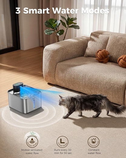Wireless Cat Water Fountain, 99oz/2.8L Pump-Free Ultra-Quiet Pet Water Dispenser, 304 Stainless Steel with Multi-Layer Filtration, 3 Smart Modes & Motion Sensor, Fountain for Cats/Dogs