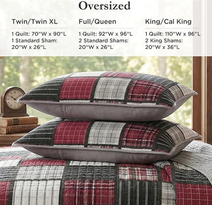 Woolrich Reversible Quilt Cabin Lifestyle Design - All Season, Breathable Coverlet Bedspread Bedding Set, Matching Shams, Oversized Full/Queen, Tulsa Plaid Red/Grey 3 Piece