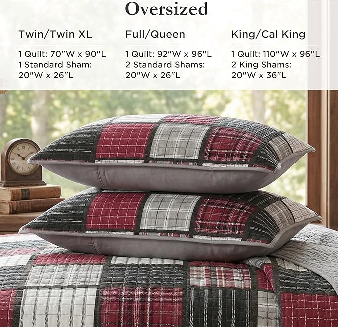 Woolrich Reversible Quilt Cabin Lifestyle Design - All Season, Breathable Coverlet Bedspread Bedding Set, Matching Shams, Oversized King/Cal King, Tulsa Plaid Red/Grey 3 Piece