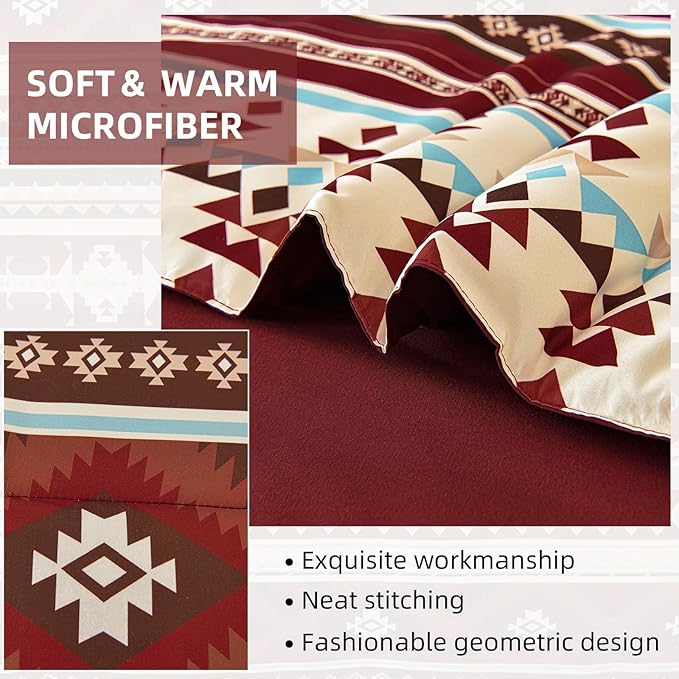 Dinjoy Boho King Size Bed in a Bag 7 Pieces,Red Comforter Set Aztec Striped Fall Bedding Set Bohemian Complete Set with Sheet Fluffy Geometric Burgundy Comforters for Women Men 90"×104"