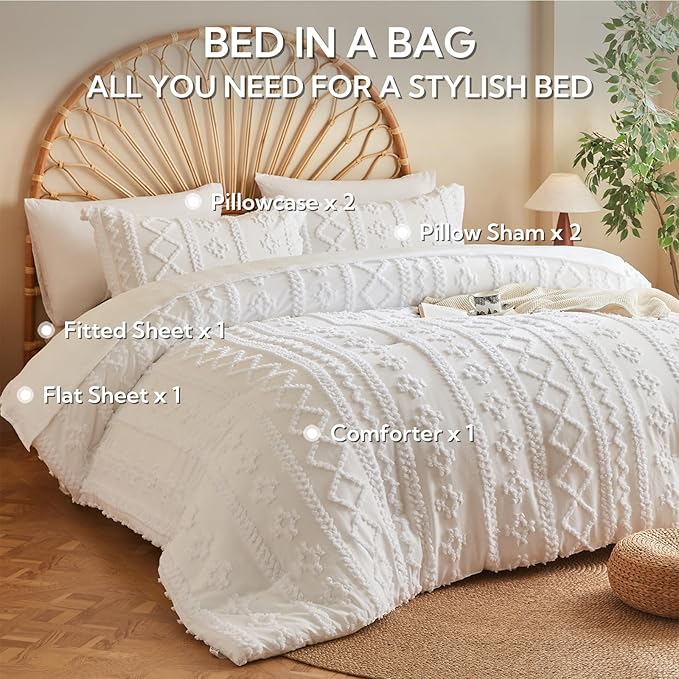 MR&HM California King Comforter Set White, 7 Pieces Tufted Boho Beddding Sets, Farmhouse Style Bed in a Bag with 1 Comforter, 2 Pillow Shams, 2 Pillowcases, 1 Flat Sheet, 1 Fitted Sheet