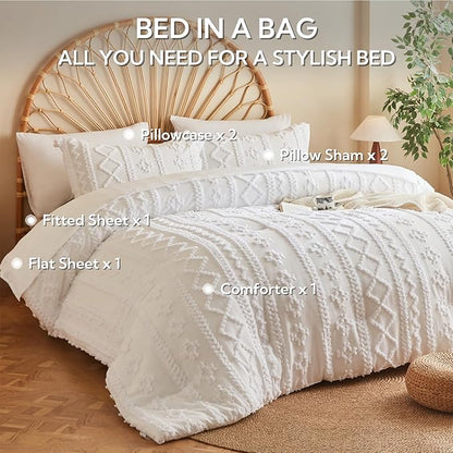 MR&HM California King Comforter Set White, 7 Pieces Tufted Boho Beddding Sets, Farmhouse Style Bed in a Bag with 1 Comforter, 2 Pillow Shams, 2 Pillowcases, 1 Flat Sheet, 1 Fitted Sheet