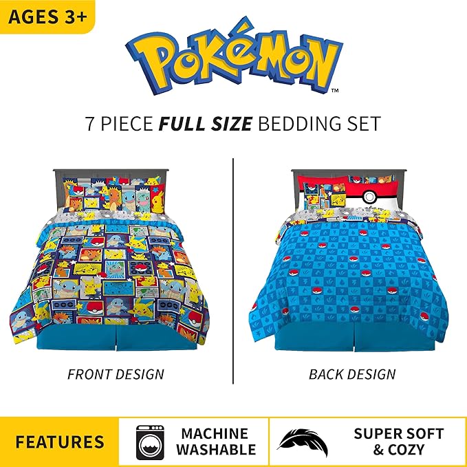 Pokémon Pikachu Full Size Bedding Set – Kids Bedding Super Soft Cozy Reversible Comforter and Sheet Set with Sham, 7 Piece Full Size, (Officially Licensed Product) by Franco