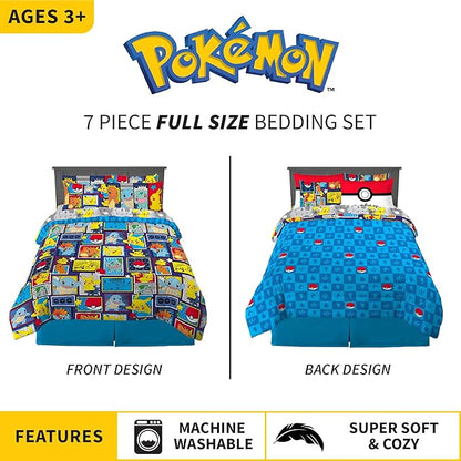 Pokémon Pikachu Full Size Bedding Set – Kids Bedding Super Soft Cozy Reversible Comforter and Sheet Set with Sham, 7 Piece Full Size, (Officially Licensed Product) by Franco
