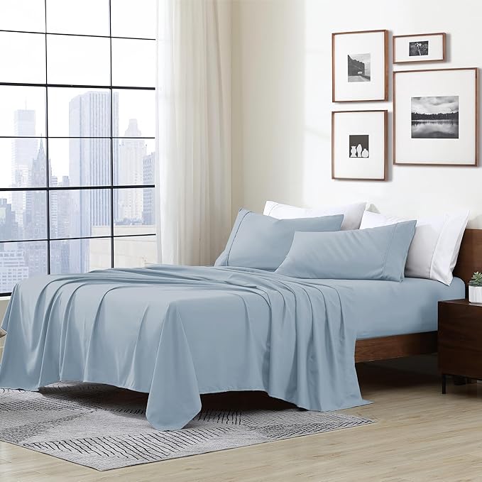 Cathay Home Essentials Ultra Soft Hypoallergenic Wrinkle Resistant Double Brushed Microfiber Bedding Sheet Set, Blue Fog, Full