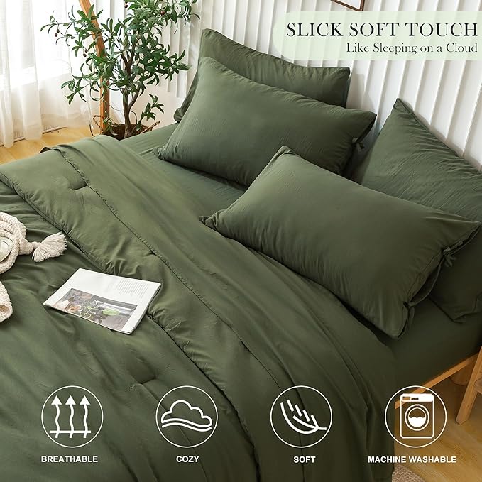COTTEBED Ultra-Soft TWIN XL Comforter Set with Sheets - 5 Piece Bed in a Bag Blanket Comforter Fitted Sheet Set, Lightweight Boho Polycotton for Teen Boy Girls College Dorm All Season Dark Olive Green