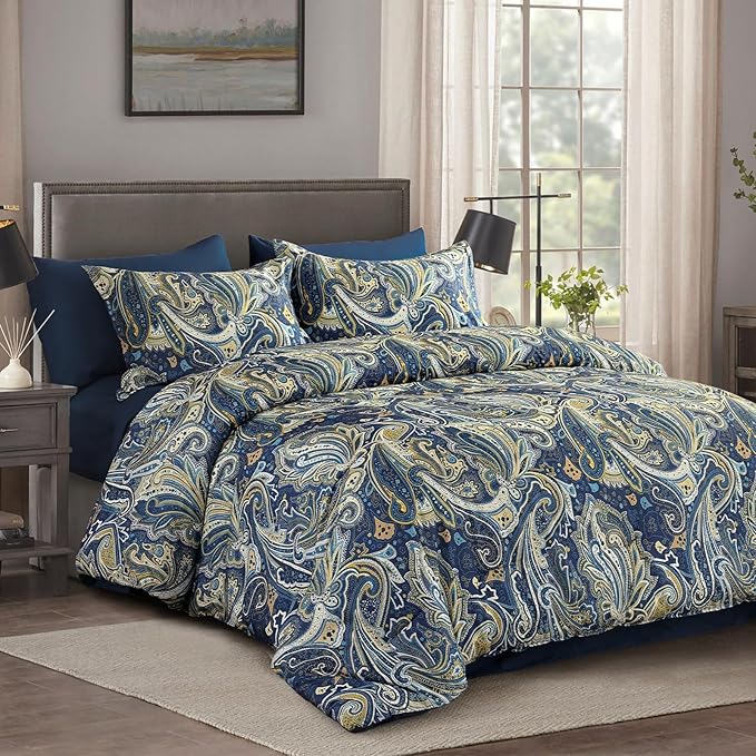 DJY Paisley Comforter Set Queen Size Navy Gold Boho Bed in a Bag 7 Piece, Soft Microfiber Vintage Paisley Floral Pattern Complete Bedding Set for All Season (90''x90)