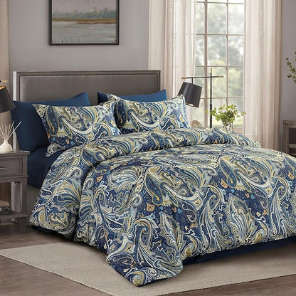 DJY Paisley Comforter Set Queen Size Navy Gold Boho Bed in a Bag 7 Piece, Soft Microfiber Vintage Paisley Floral Pattern Complete Bedding Set for All Season (90''x90)