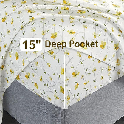 Softan Yellow Floral Sheets for Queen Size Bed Printed Bed Sheets - 4 Piece Soft Microfiber Patterned Fitted Sheets Queen with 15" Deep Pocket and Corner Straps,Cute Flower Sheets & Pillowcase Set