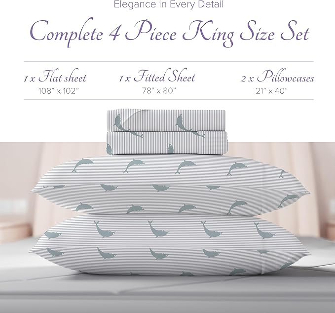 Carressa Linen Luxury Egyptian Cotton King Printed Sheet Set - 600 Thread Count Extra Long Staple 4 PC Set, Dolphin Dance King Printed Sheets, Soft, Cooling Sateen Weave Sheets Upto 18 in Deep Pocket