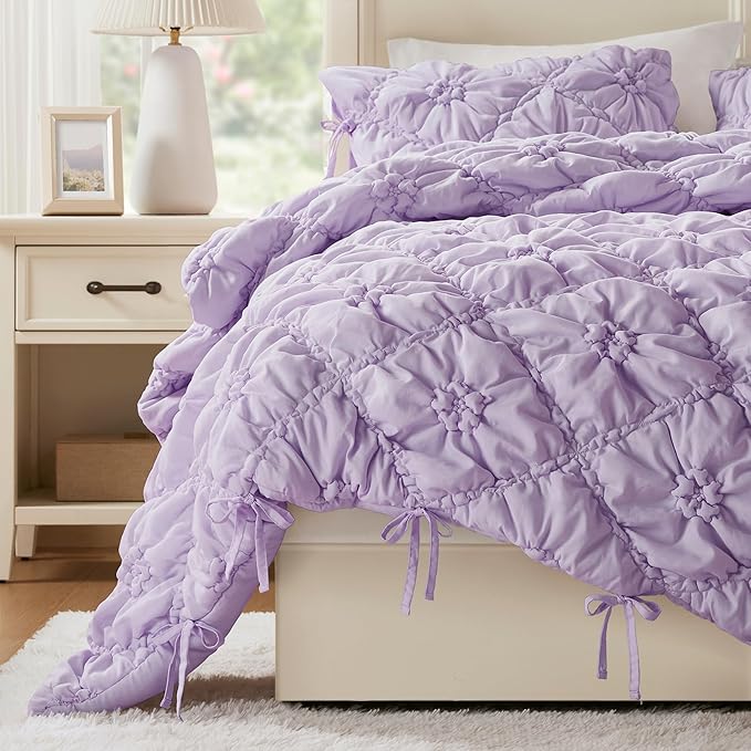 Intelligent Design King Comforter Set – Purple Lily Puffy Floral Shabby Chic Boho Bedding Comforter Set, Pinch Pleat Bedding Sets, Ultra-Soft, Lightweight & All-Season, King/Cal K