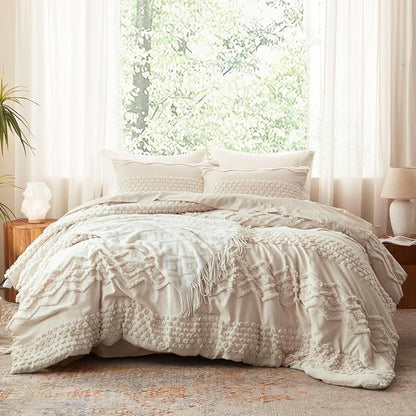 Luxudecor Beige Tufted Comforter Set Full Size 3 Pieces Boho Shabby Chic Comforter Farmhouse Embroidery Bedding Set Soft Comforter for All Seasons (Beige, 80''x90'')