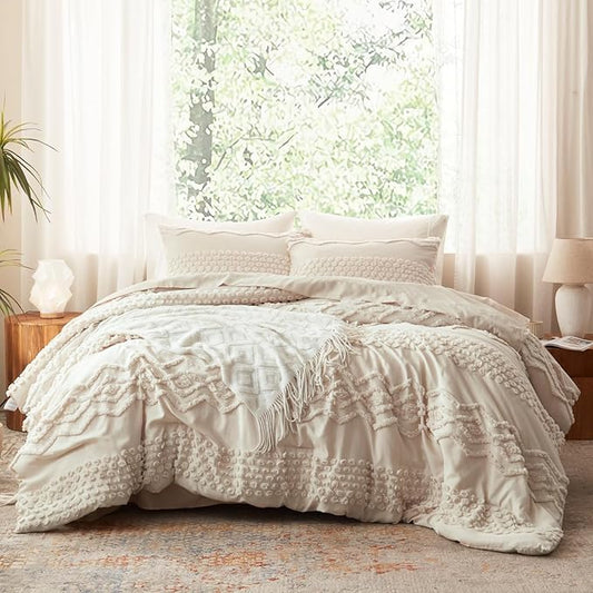 Luxudecor Beige Tufted Comforter Set Full Size 3 Pieces Boho Shabby Chic Comforter Farmhouse Embroidery Bedding Set Soft Comforter for All Seasons (Beige, 80''x90'')