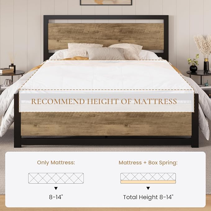 SHA CERLIN Heavy Duty Full Size Bed Frame with Modern Headboard, Brown | Platform Metal Base with Square Footboard and 13 Strong Slats Support, No Box Spring Needed