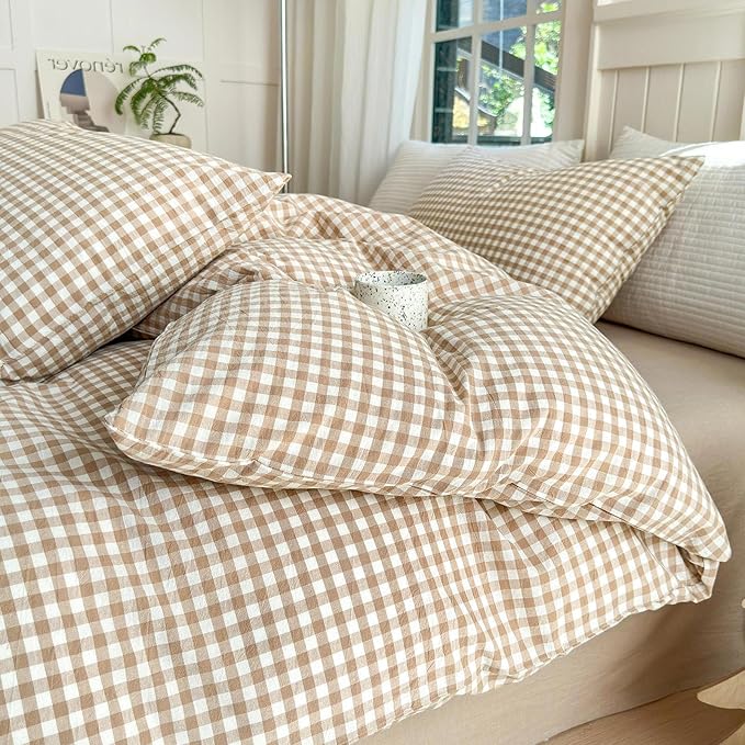 LifeTB Tan Gingham Comforter Set Twin XL Modern Style Beige Plaid Comforter Set 3 Pieces Soft Fluffy Grid Checkered Pattern Comforter with 2 Pillowcases Farmhouse Gingham Bedding Set Twin XL