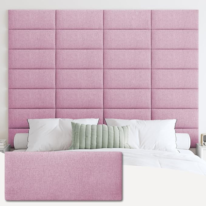 IFNOW Wall Mounted Headboard, Peel and Stick Panels, Light Pink, King | 3D Soundproof Acoustic Padding, Reusable and Removable Tufted fabric Bed Headboard for bedroom (12 Panels, 10" x 24")