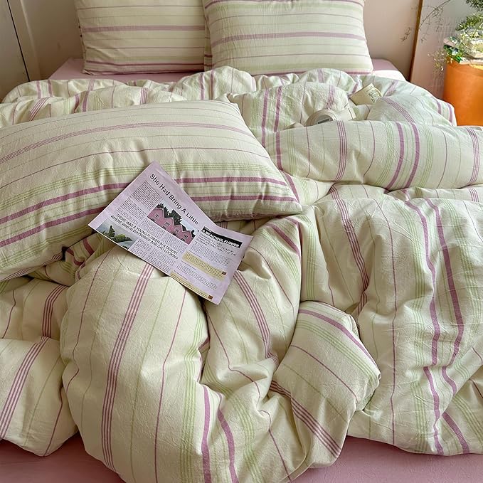 EAVD Vintage Style Striped Duvet Cover Full Size Soft 100% Cotton Green Purple Vertical Stripes Pattern Bedding Set with 2 Pillowcases Reversible Farmhouse Geometric Pattern Duvet Cover with Zipper