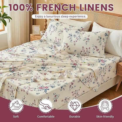 Bedlifes 100% French Linen Sheets King Size – Floral Printed, Botanical Pattern Breathable Cooling Sheet Set, 16" Deep Pocket, 4-Piece (King, Floral Red)