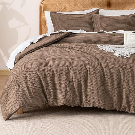 PHF Soft Waffle Comforter Set Twin Size- Comfy Breathable Waffle Weave Comforter with 1 Pillow Shams, 2 Pieces Less Snagging Lightweight Textured Bedding Set for All Season, Cocoa Brown