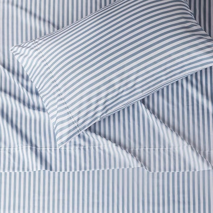 Amazon Basics Lightweight Super Soft Easy Care Microfiber 3 Piece Bed Sheet Set with 14-inch Deep Pockets - Twin, Dusty Blue Pinstripe,Printed (Pack of 4)