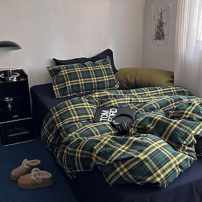 MKXI Queen Size Forest Green & Mustard Yellow Plaid Duvet Cover Set, 3 Piece All Season Washed Cotton Bedding, Vintage Preppy Style Rustic Outdoor Bed Set with Zipper Closure & Corner Ties