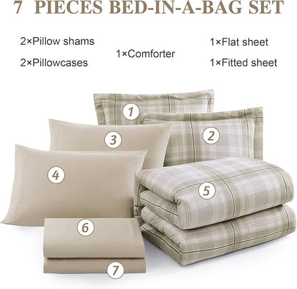 MaiRêve Plaid Queen Comforter Sets, Khaki Green Grid Farmhouse Bedding Set Bed in A Bag, Classic Checkered Comforter Sets with Fitted & Flat Sheet, Pillowcases & Shams 90"x90"