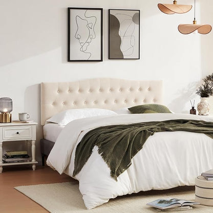 Tufted Headboard Queen Size, Solid Wood Adjustable Height Head Board, Beige | Upholstered Queen Headboard Only with Durable Solid Wood Legs, Adjustable Height 37-51 in, Fabric Button Diamond HeadBoards