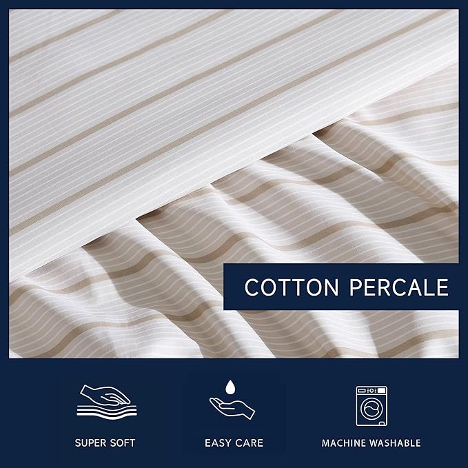 Nautica - Twin Size Sheet Set, Crisp & Tailored Cooling Sheets with a Smooth Cotton Percale Lightweight Feel - Bed Sheets with Matching Pillowcase & Fitted Sheet (Merrick Stripe Beige)