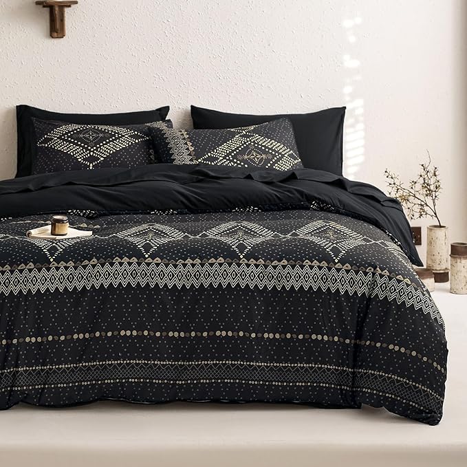 Wake In Cloud - Boho Comforter Set, Farmhouse Bohemian Western Aztec Neutral Aesthetic, Soft Lightweight Bedding, 3 Pieces, Charcoal Black, Full Size